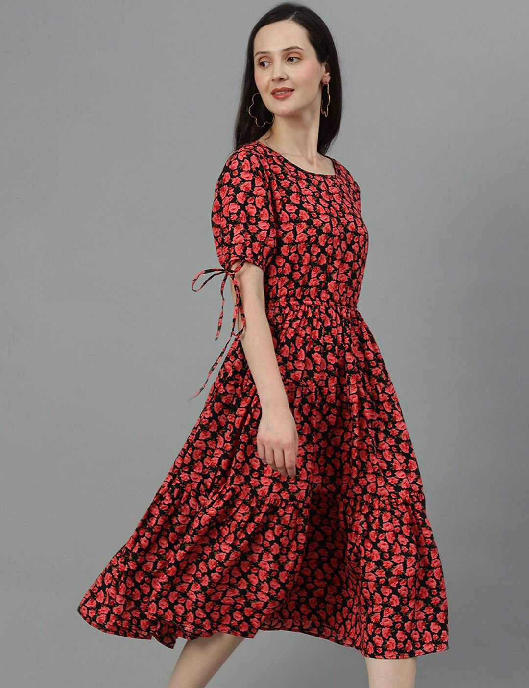 Kotty Red & Black Floral Print A-Line Midi Dress