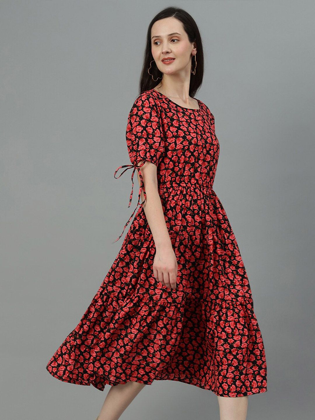Kotty Red & Black Floral Print A-Line Midi Dress