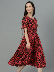 Kotty Red & Black Floral Print A-Line Midi Dress