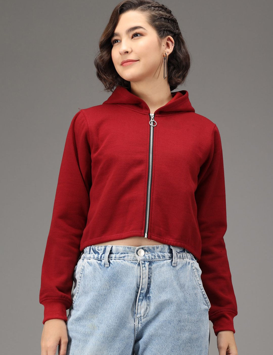 Kotty Women Maroon Solid Fleece Hooded Front-Open Crop Sweatshirt