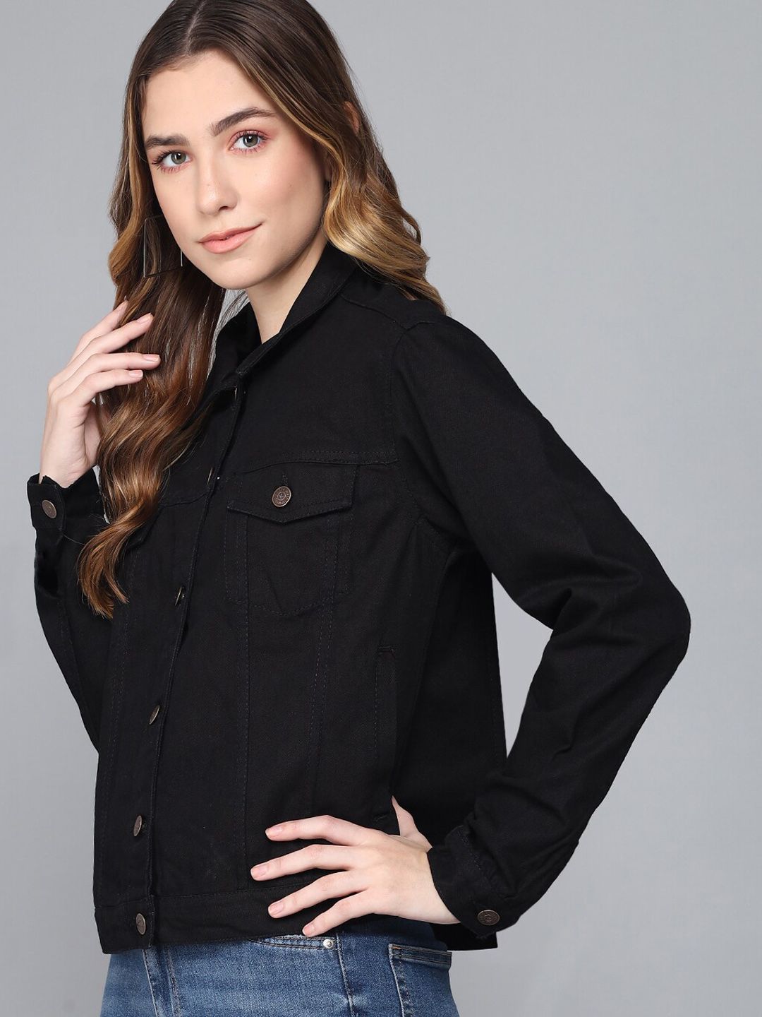 Kotty Women Black Lightweight Denim Jacket with Embroidered
