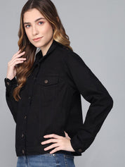 Kotty Women Black Lightweight Denim Jacket with Embroidered