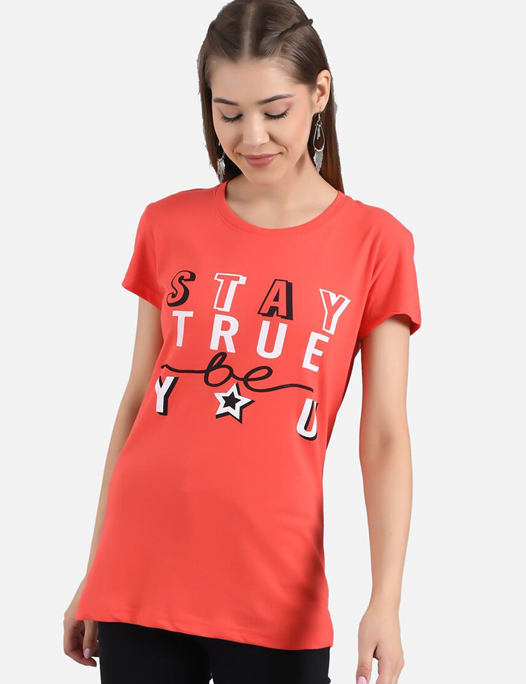 Kotty Women Blue & Coral Orange Pack of 2 Printed T-shirt