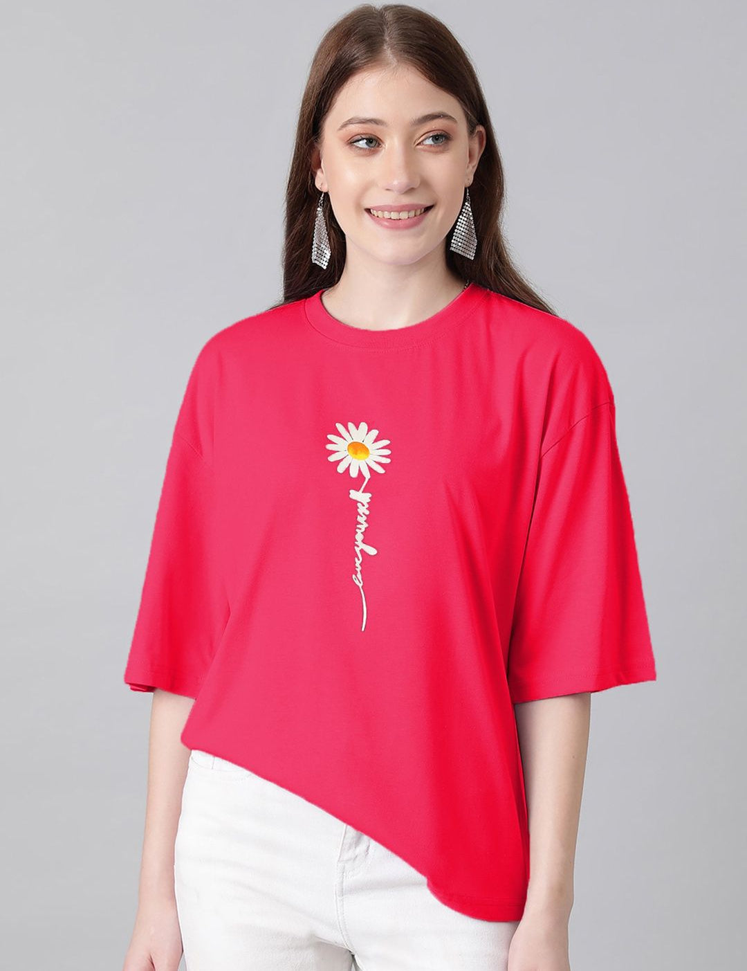 Kotty Floral Printed Round Neck Drop-Shoulder Sleeves Oversized Fit Cotton T-Shirt