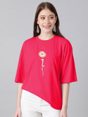 Kotty Floral Printed Round Neck Drop-Shoulder Sleeves Oversized Fit Cotton T-Shirt
