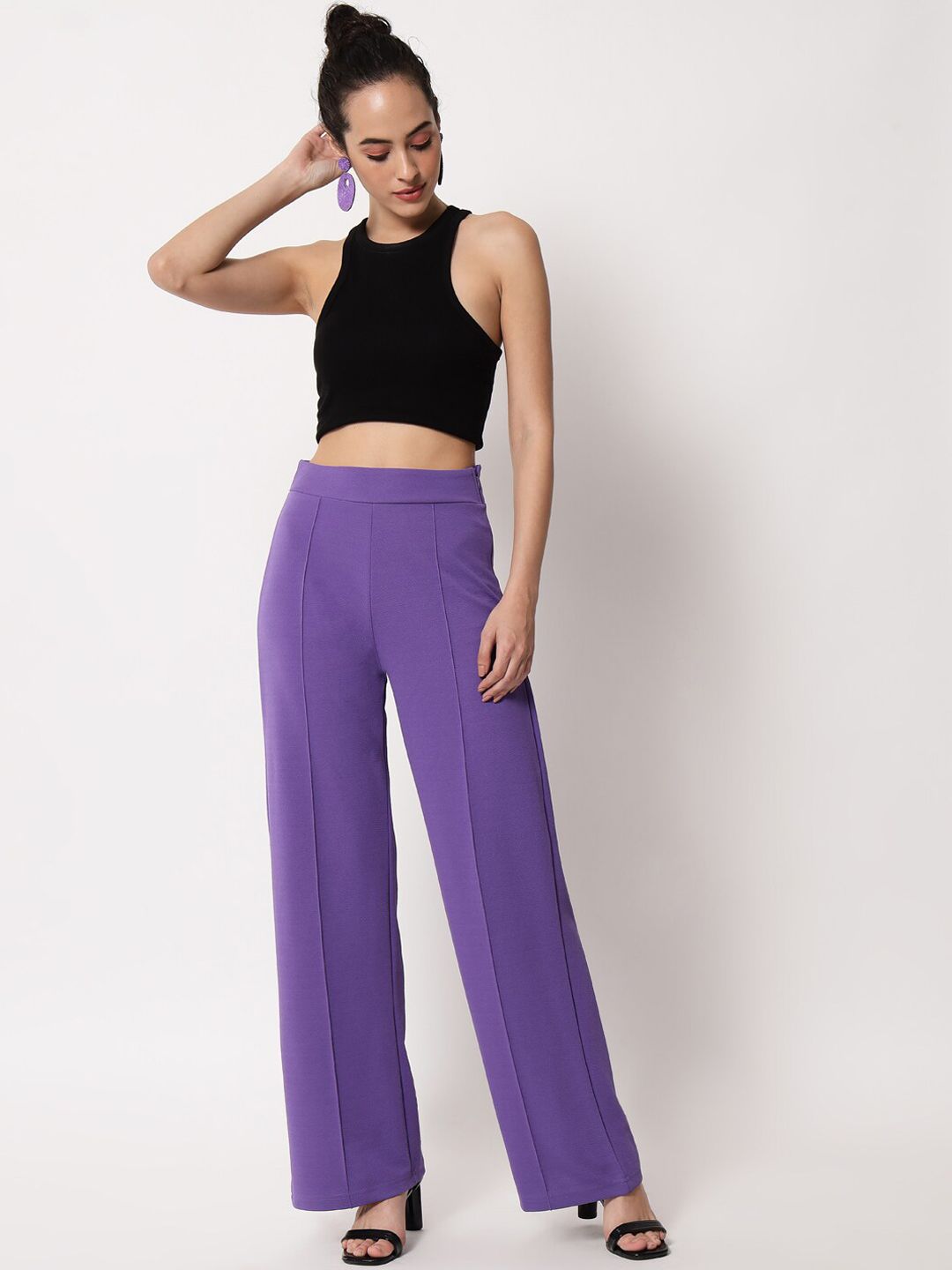 Kotty Women Purple Relaxed Straight Fit High-Rise Easy Wash Trouser