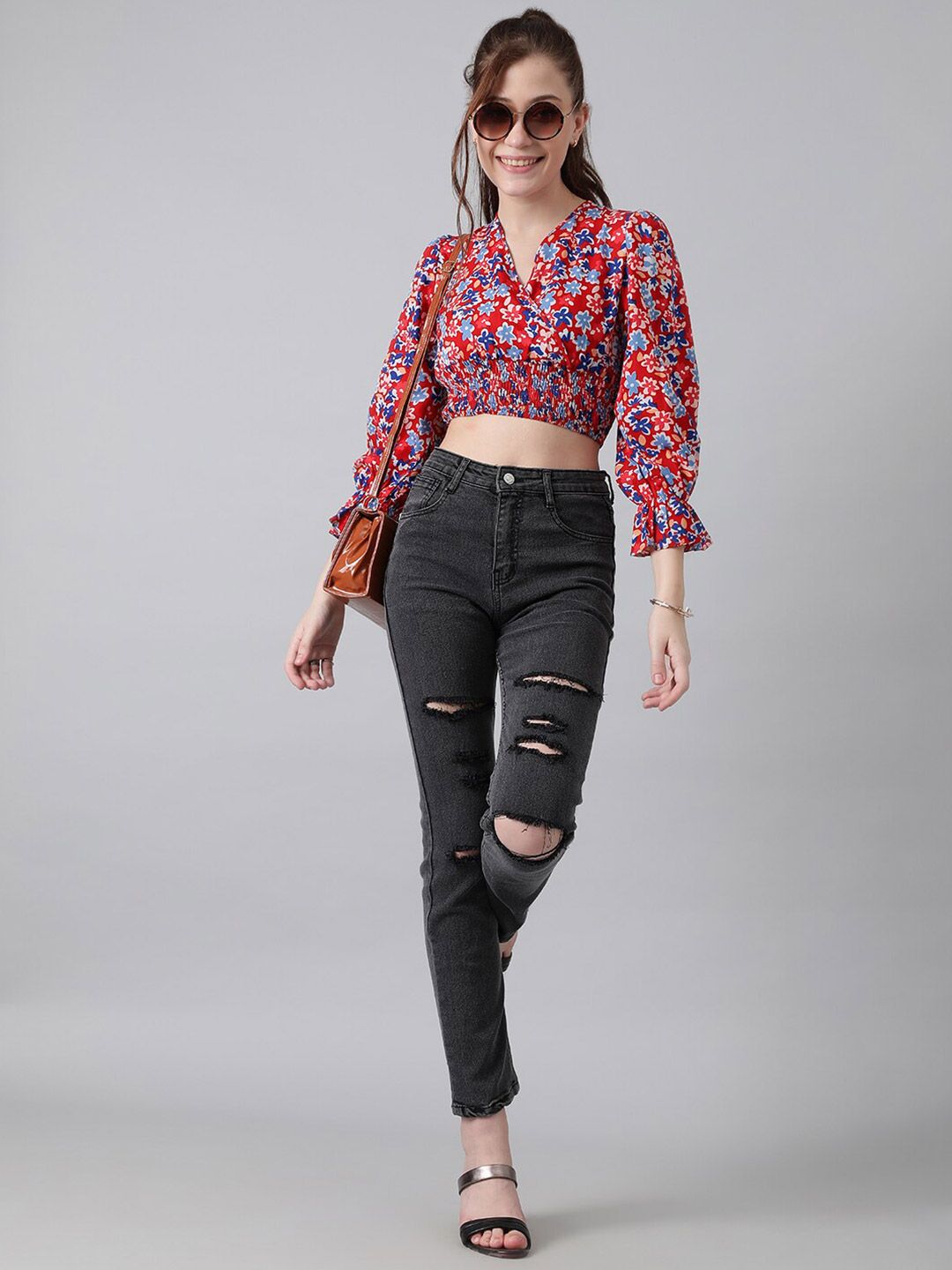 Kotty Red Floral Print Puff Sleeve Smocked Crepe Wrap Crop Top