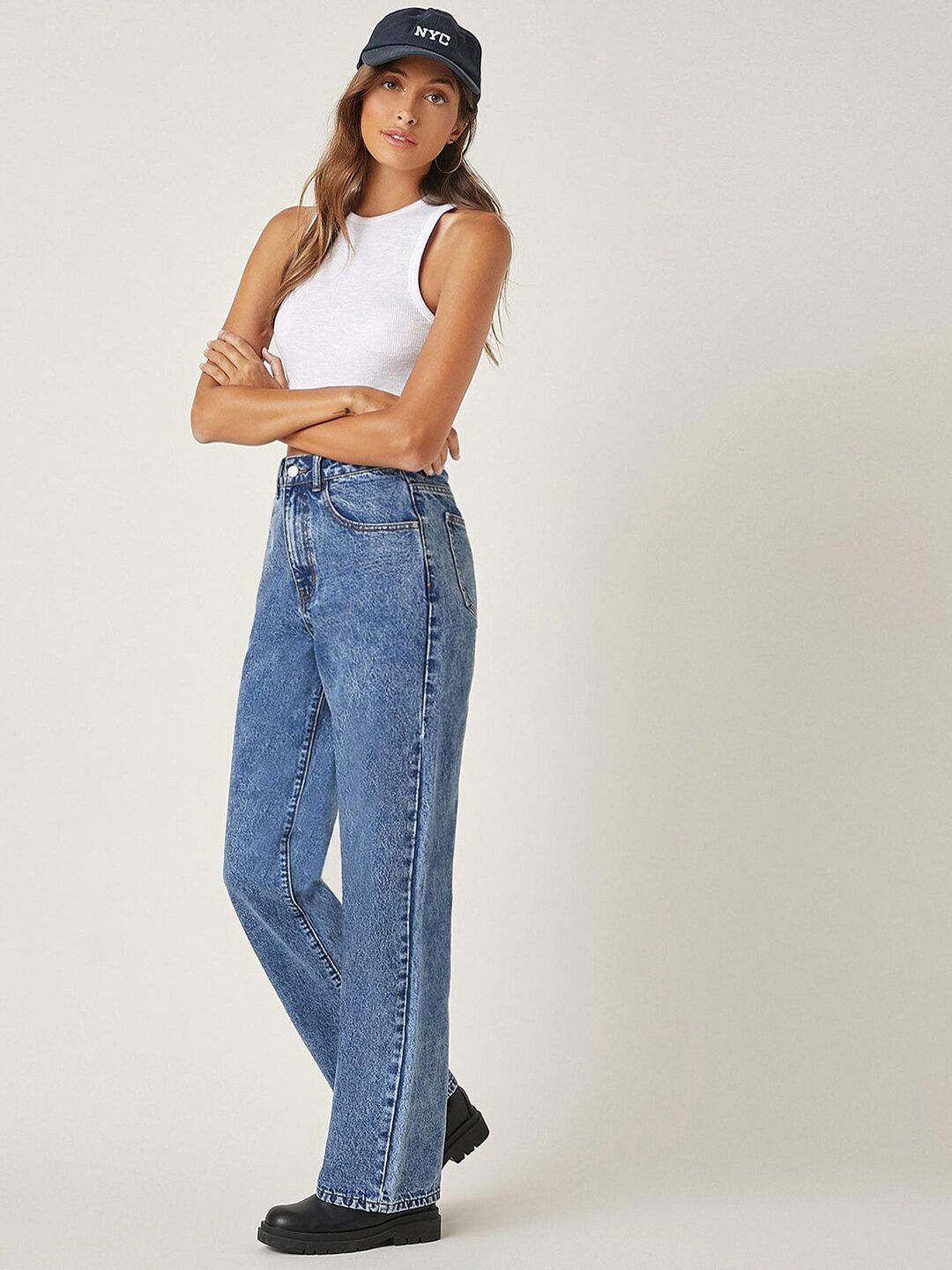 Kotty Women Straight Fit High-Rise Medium Shade Stretchable Cotton Lycra Blend Jeans