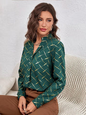 Kotty Geometric Printed Mandarin Collar Satin Shirt Style Top