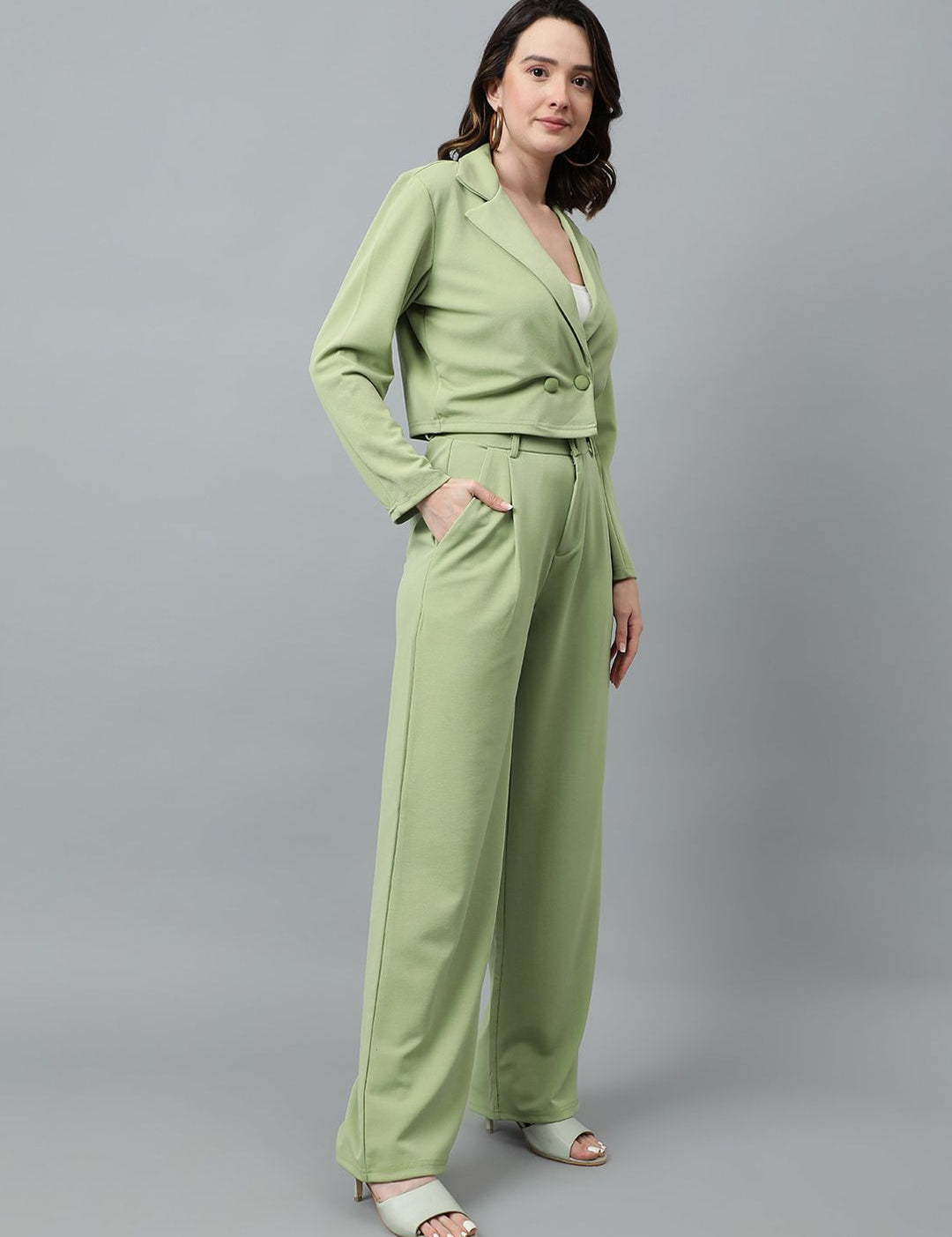 KOTTY BIZwear Green Notched Lapel Collar Blazer & Mid Rise Trouser