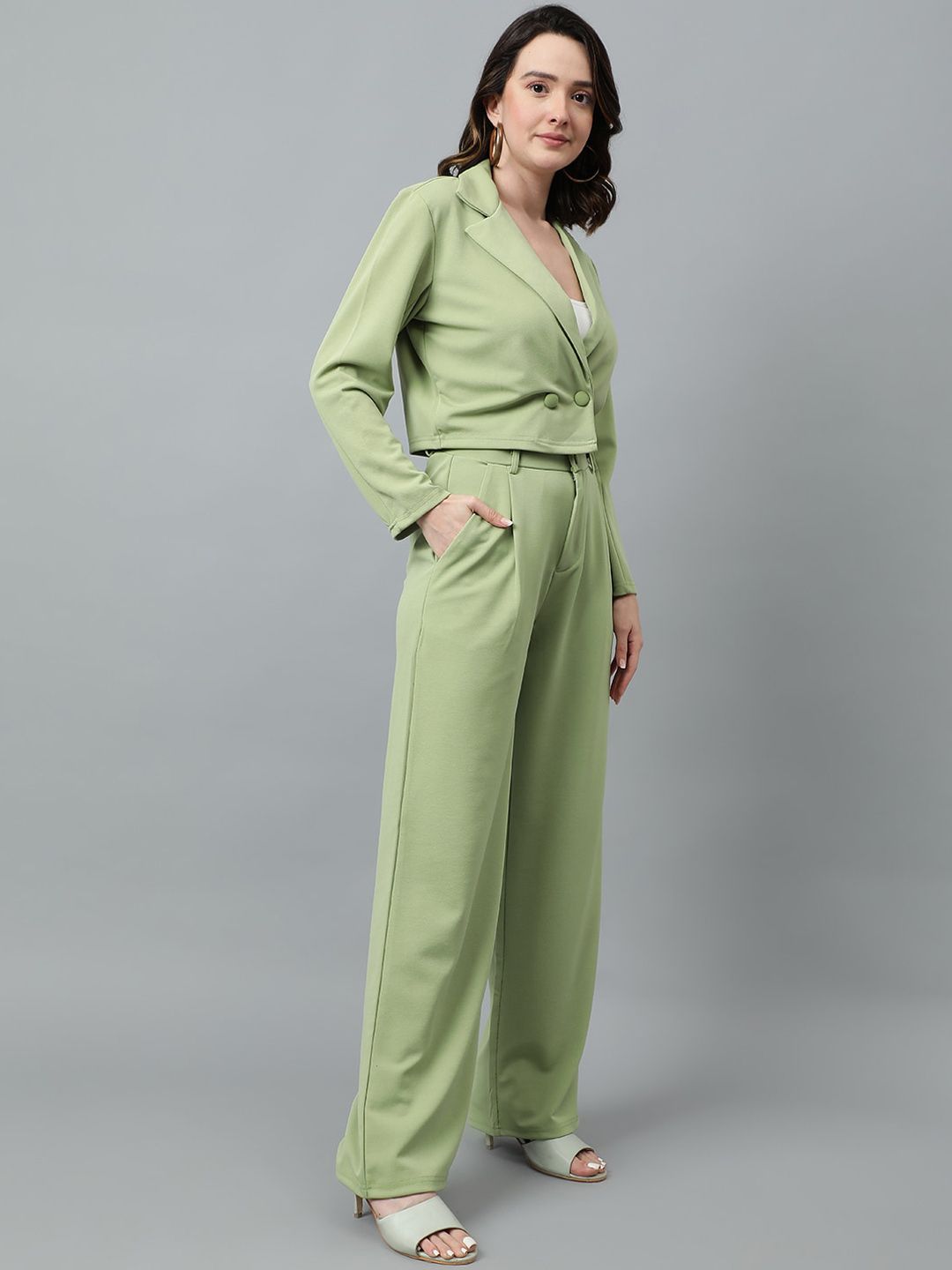 KOTTY BIZwear Green Notched Lapel Collar Blazer & Mid Rise Trouser