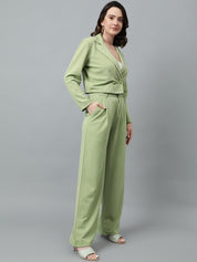 KOTTY BIZwear Green Notched Lapel Collar Blazer & Mid Rise Trouser