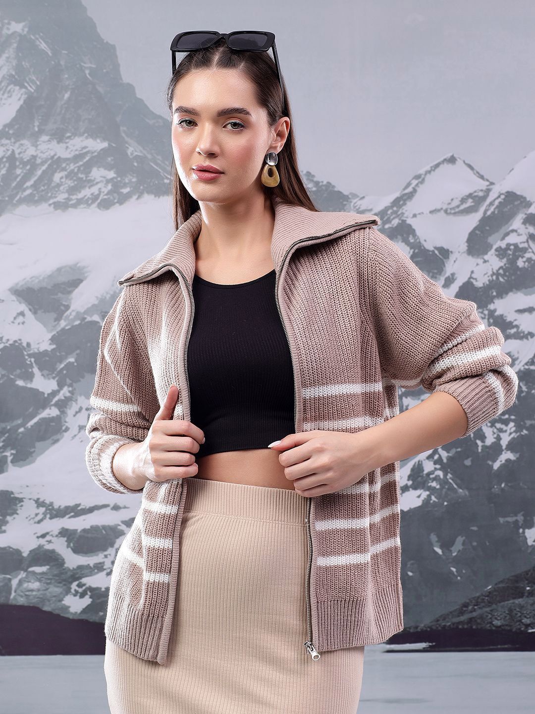 Kotty Women Striped Shirt Collar Cardigan Sweater with Zip Detail 