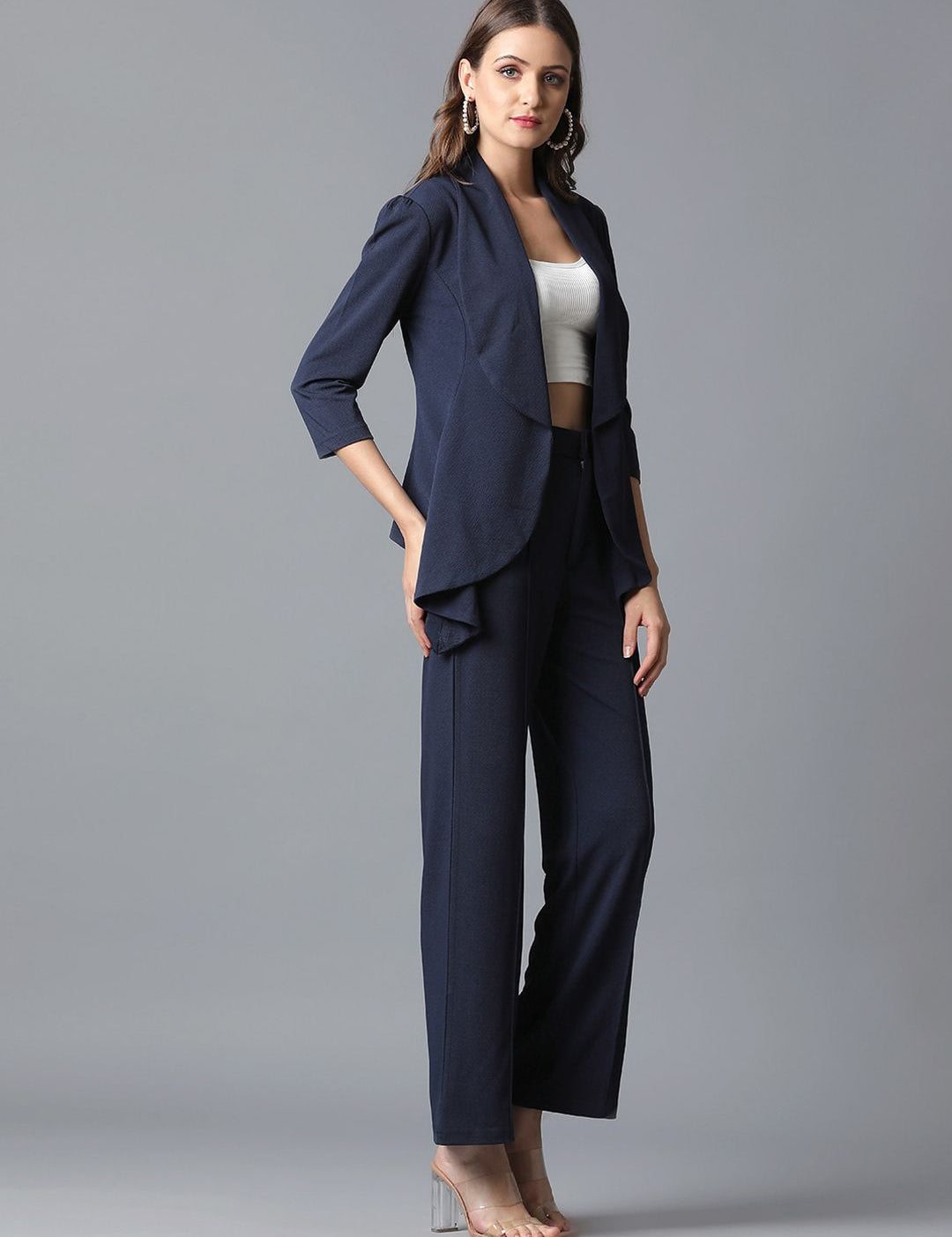 KOTTY BIZwear Navy Blue Shawl Neck Coat With Trousers