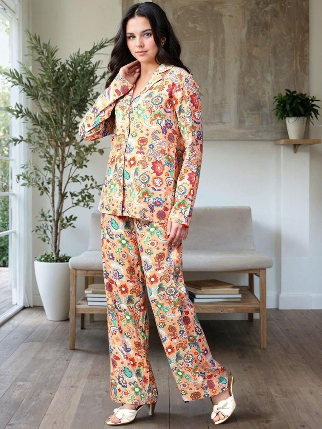 Kotty Yellow and Green Printed Shirt Collar Shirt With Trouser