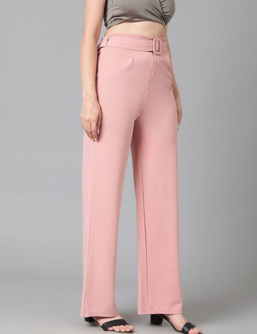 KOTTY BIZwear Women Pink Relaxed Straight Leg Straight Fit High-Rise Easy Wash Pleated Trousers