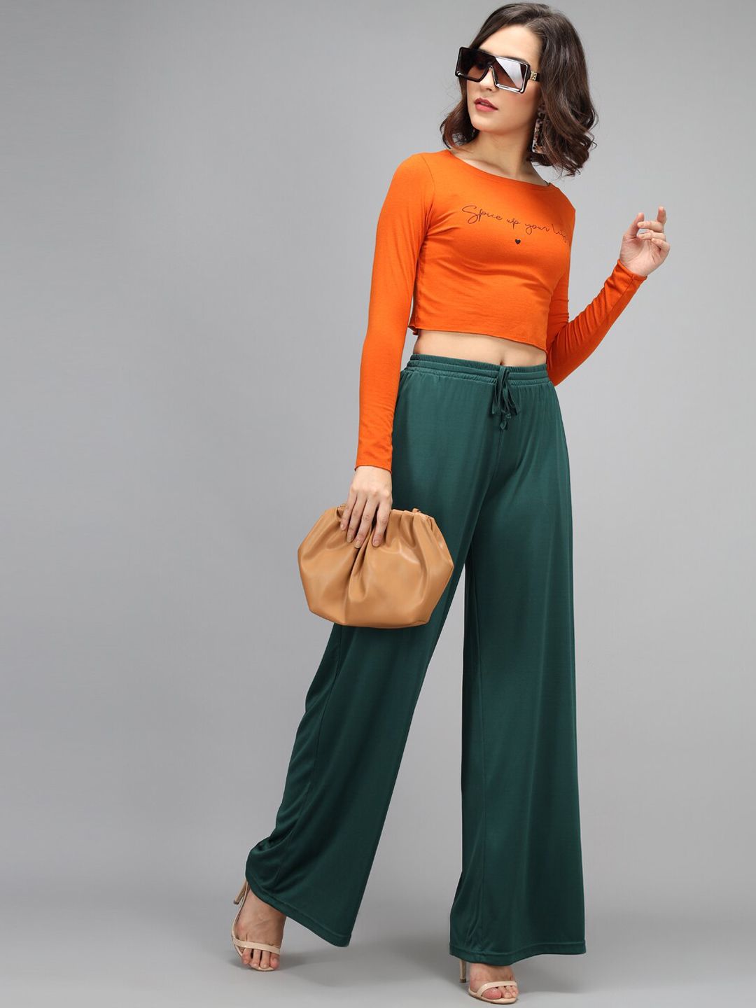 Kotty Women Green Loose Fit High-Rise Parallel Trousers