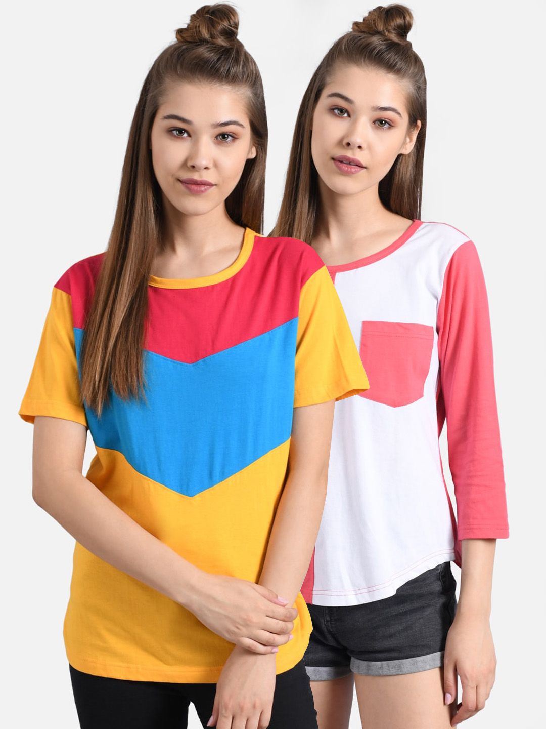 Kotty Women Multicoloured Pack of 2 Colourblocked Round Neck T-shirt