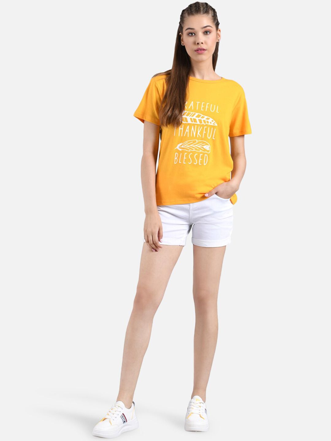 Kotty Women Yellow Printed Round Neck T-shirt