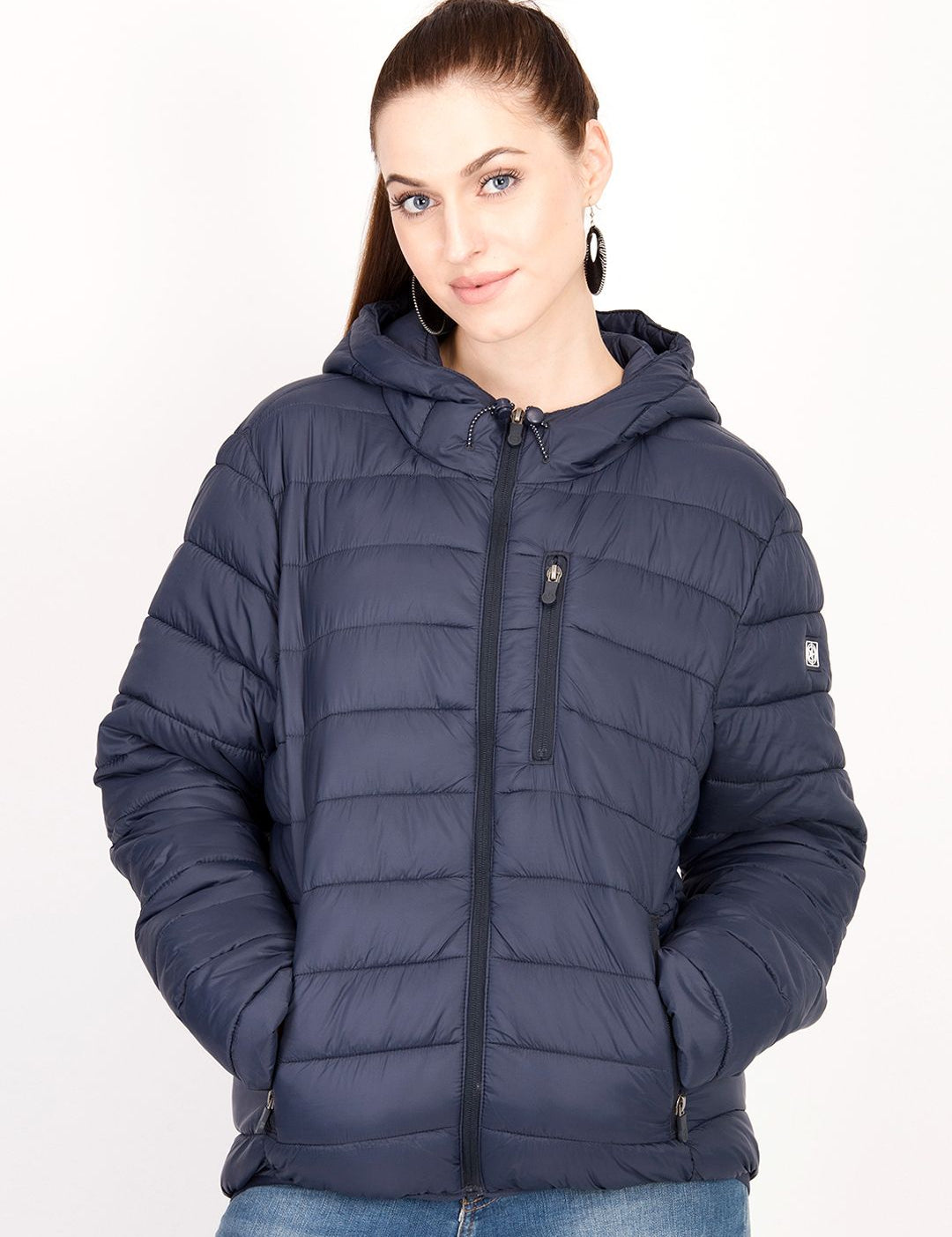 Kotty Women Navy Blue Solid Insulator Hooded Puffer Jacket