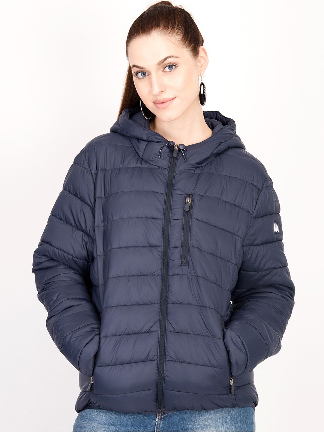 Kotty Women Navy Blue Solid Insulator Hooded Puffer Jacket
