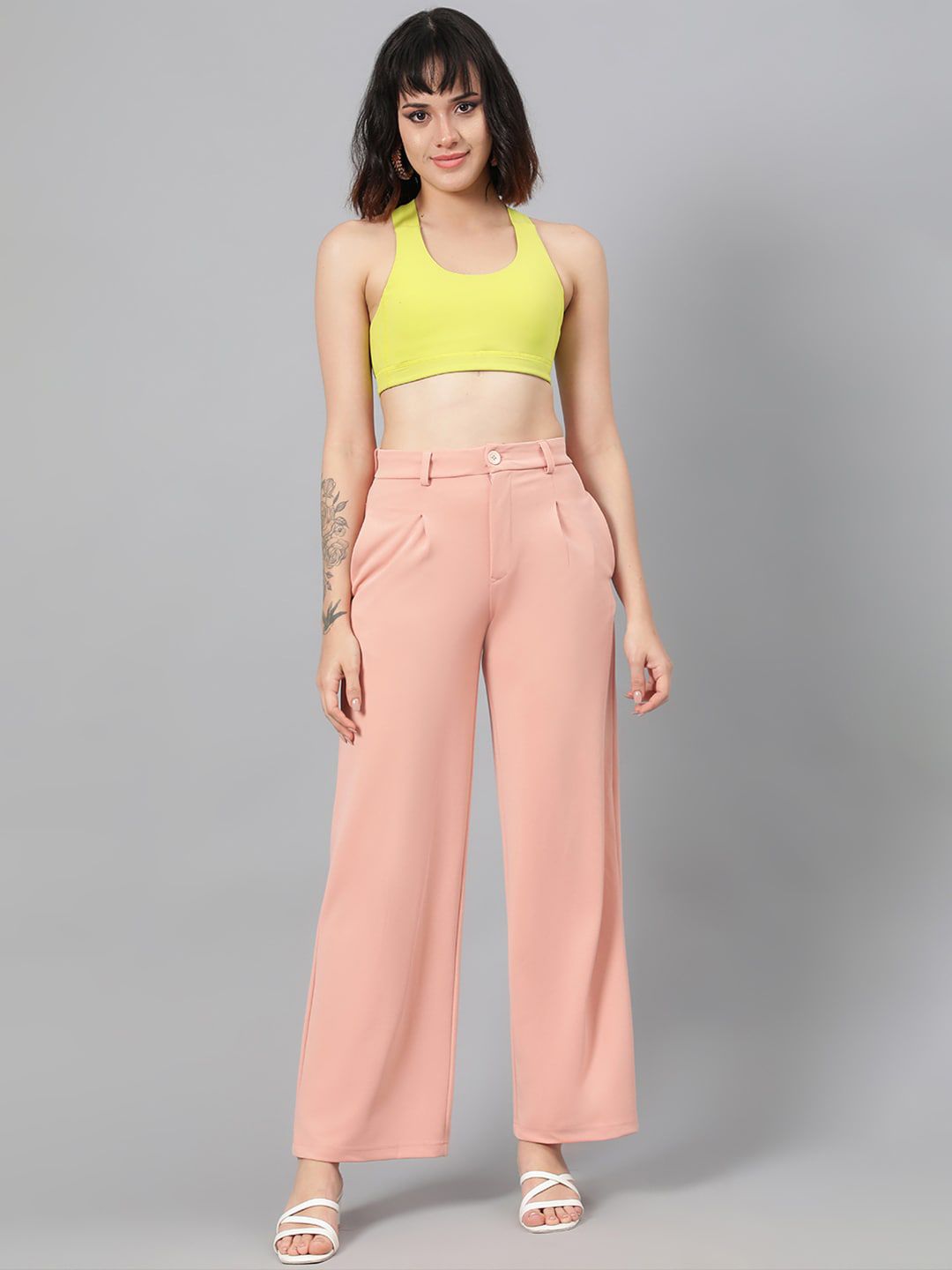 Kotty Women Pink Relaxed Straight Leg Fit High-Rise Easy Wash Parallel Trousers