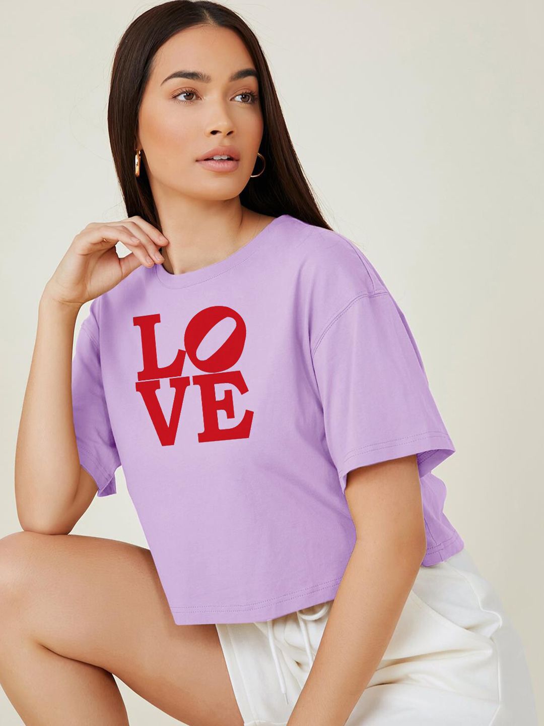 Kotty Purple Typography Printed Drop-Shoulder Sleeves Cotton Oversized Crop T-shirt