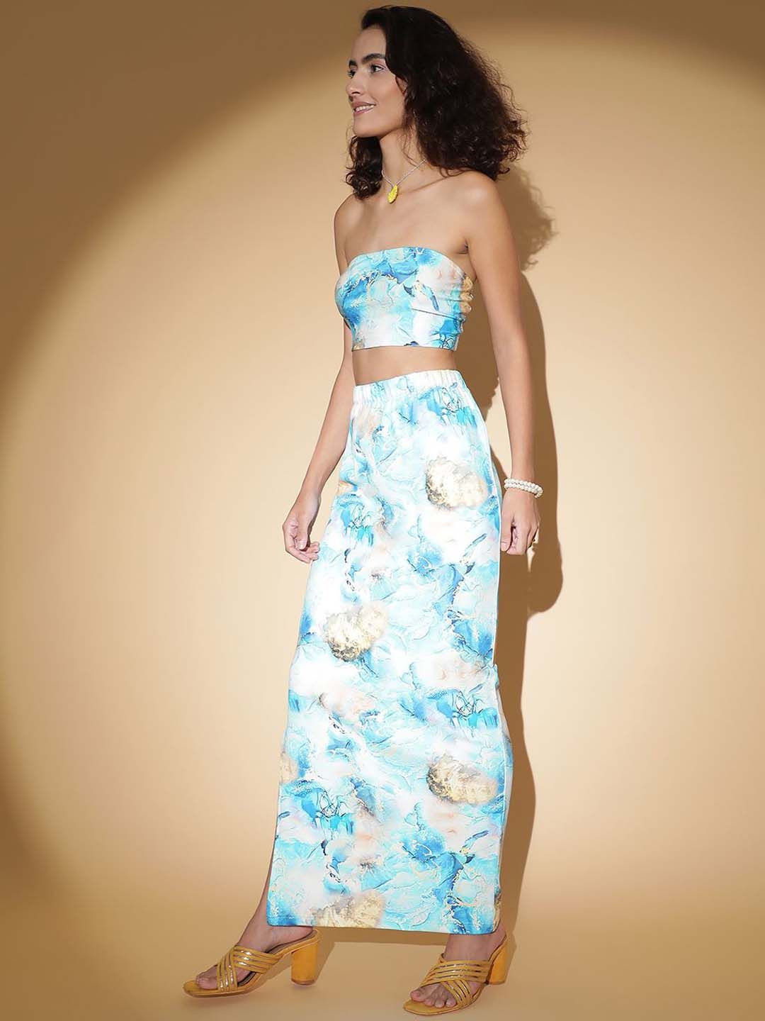 Kotty Blue Printed Strapless Top With Skirt