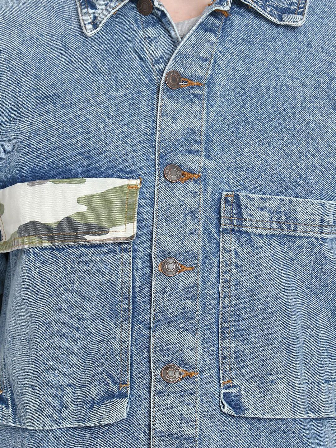 Kotty Men Blue Printed Denim Jacket