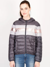 Kotty Women Grey & White Colourblocked Insulator Hooded Puffer Jacket
