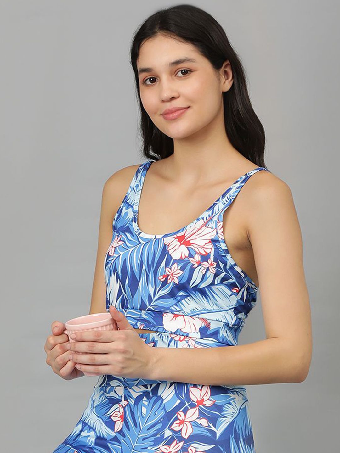 Kotty Round Neck Sleeveless Printed Crop Top & Tight Night Suit Set