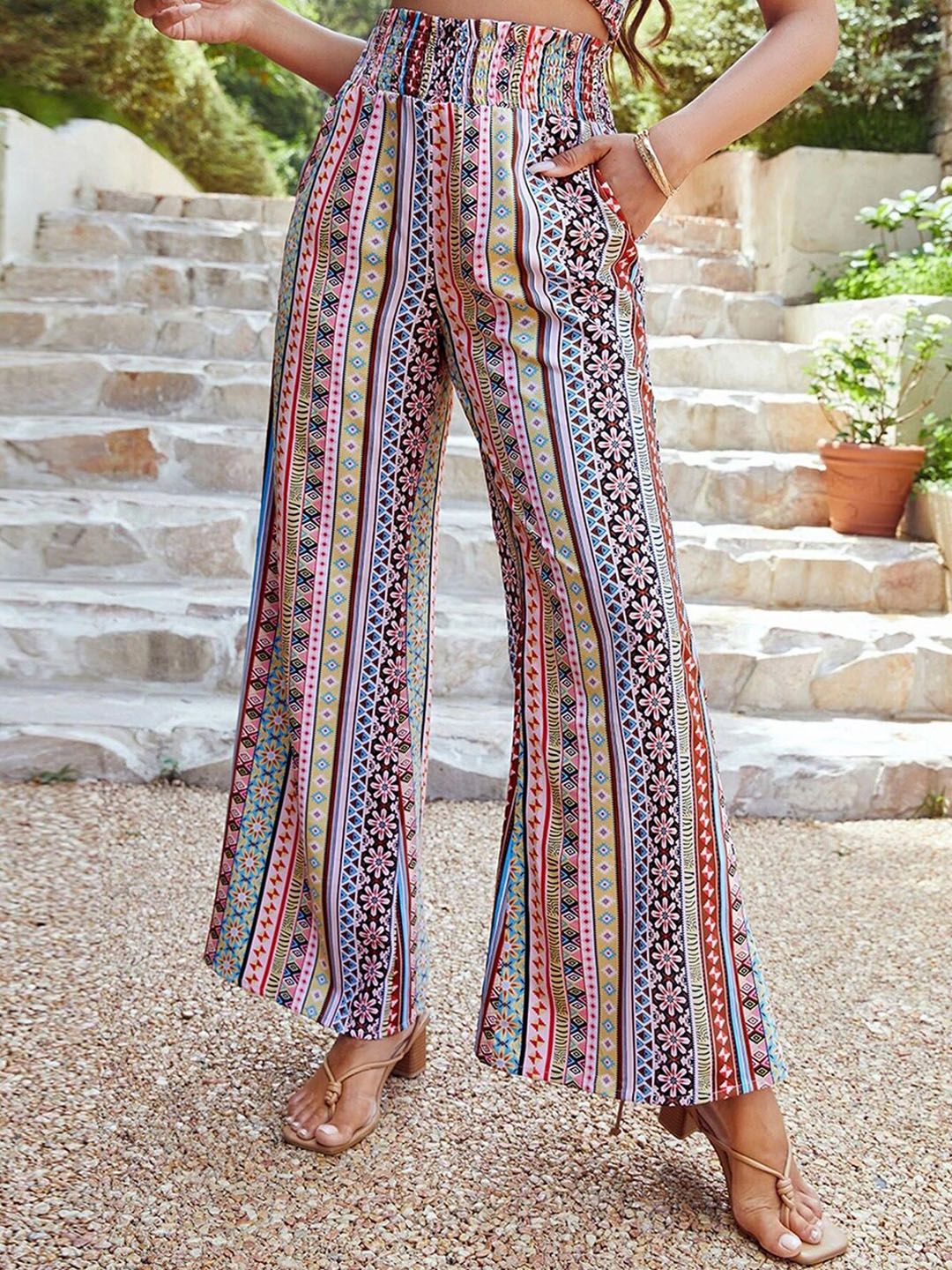 Kotty Women Striped Relaxed High-Rise Easy Wash Trousers