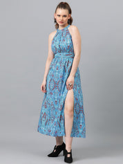 Kotty Blue Floral Printed Round Neck Maxi Dress