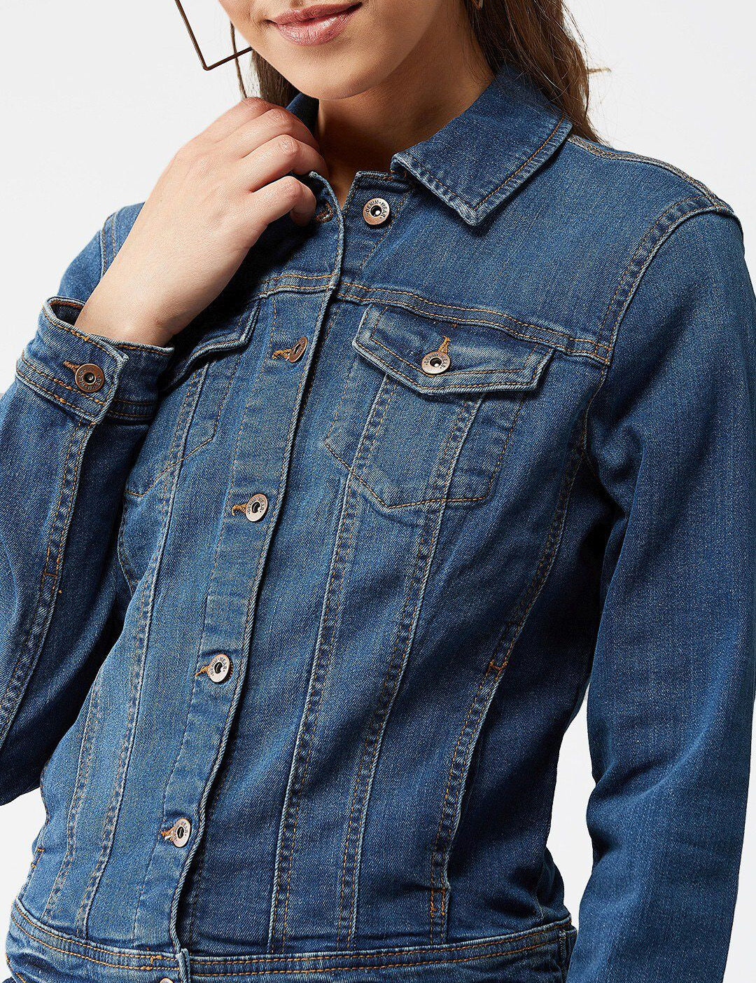 Kotty Women Navy Blue Solid Denim Jacket