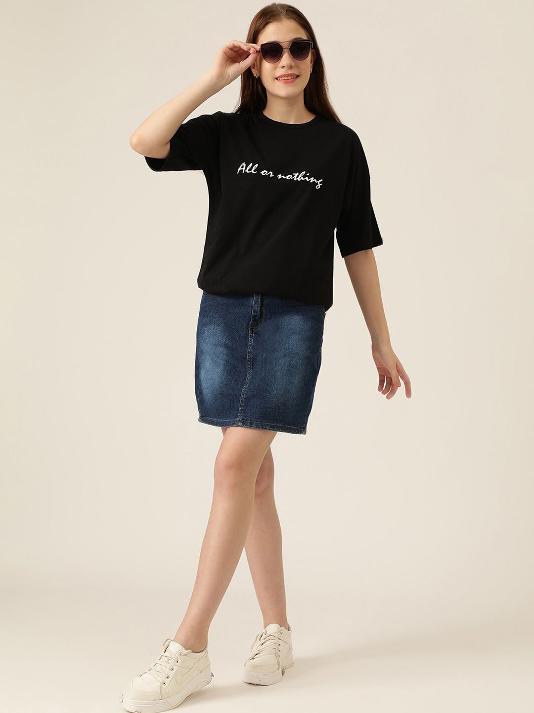 Kotty Typography Printed Drop-Shoulder Sleeves Oversized T-shirt