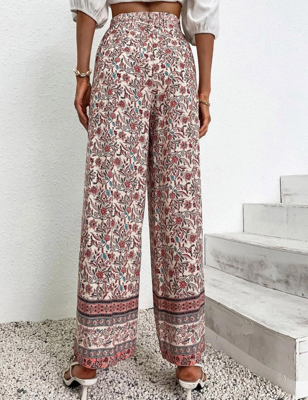 Kotty Women Cream-Coloured Ethnic Motifs Printed Relaxed Straight Fit High-Rise Easy Wash Trousers