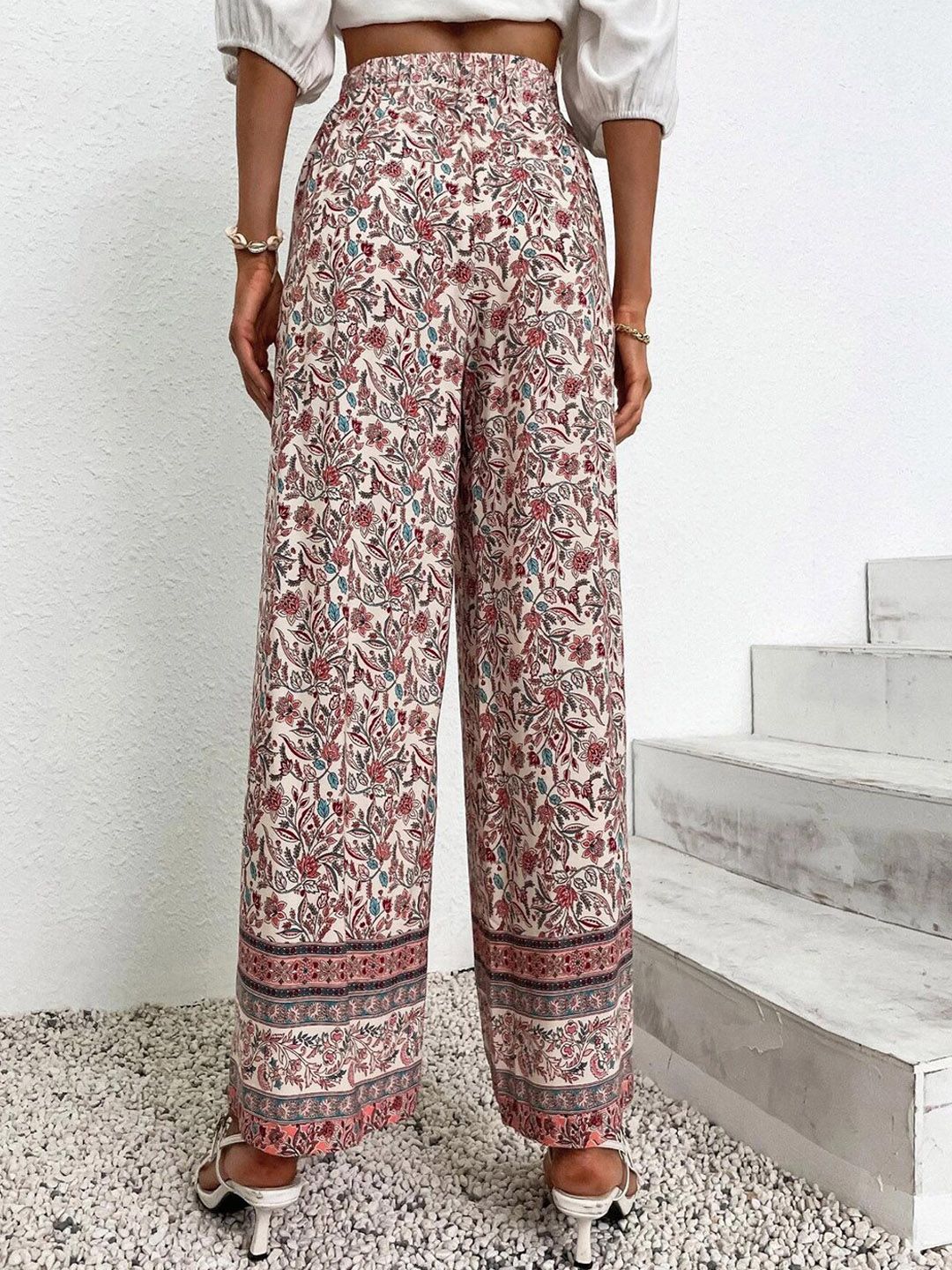 Kotty Women Cream-Coloured Ethnic Motifs Printed Relaxed Straight Fit High-Rise Easy Wash Trousers