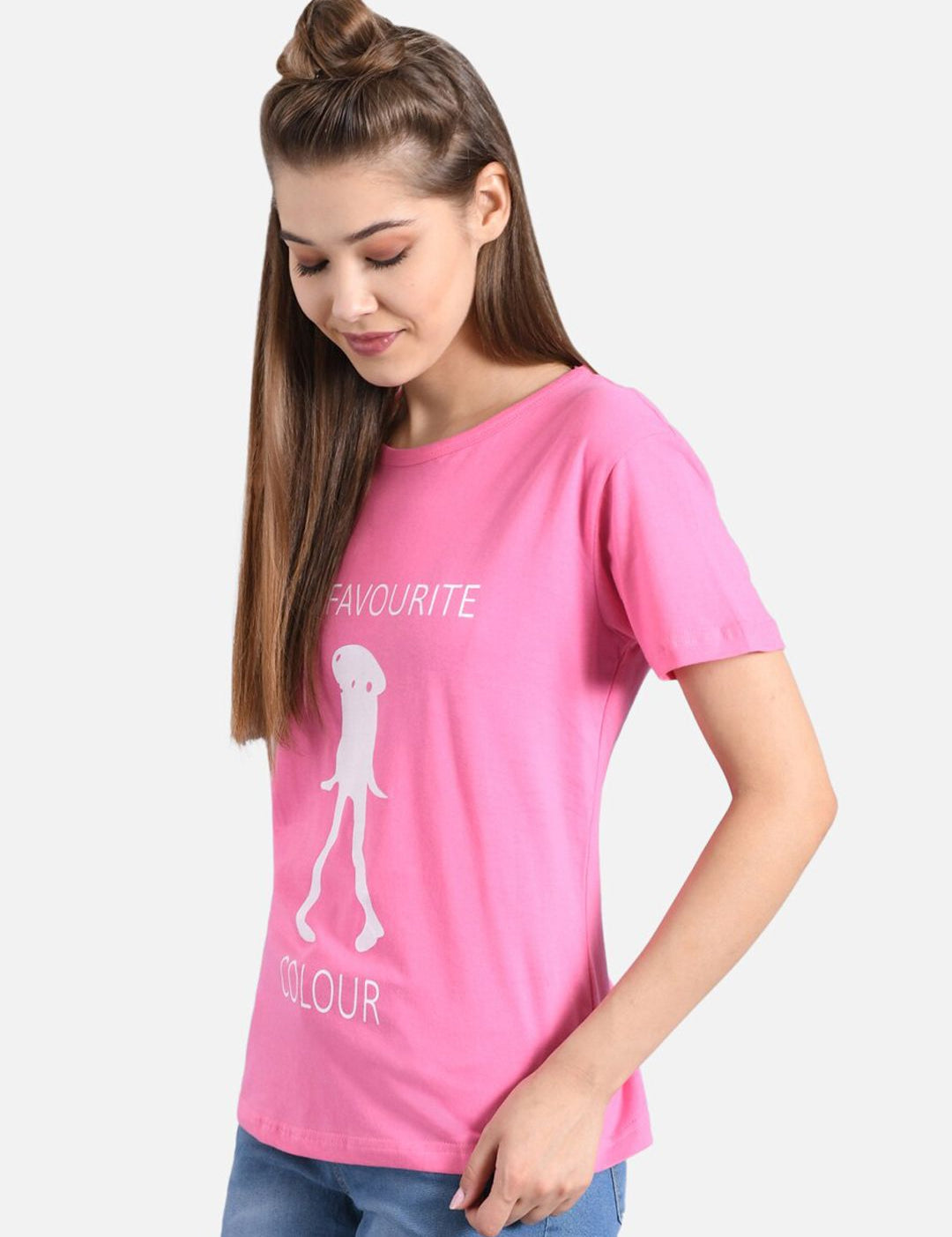 Kotty Women Pink & White Printed Round Neck T-shirt