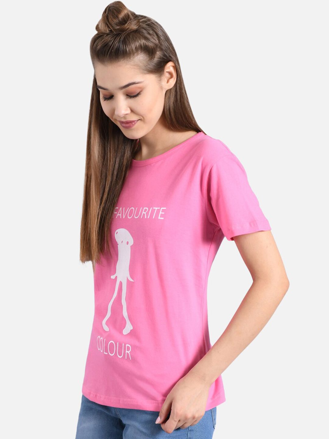 Kotty Women Pink & White Printed Round Neck T-shirt