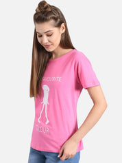Kotty Women Pink & White Printed Round Neck T-shirt