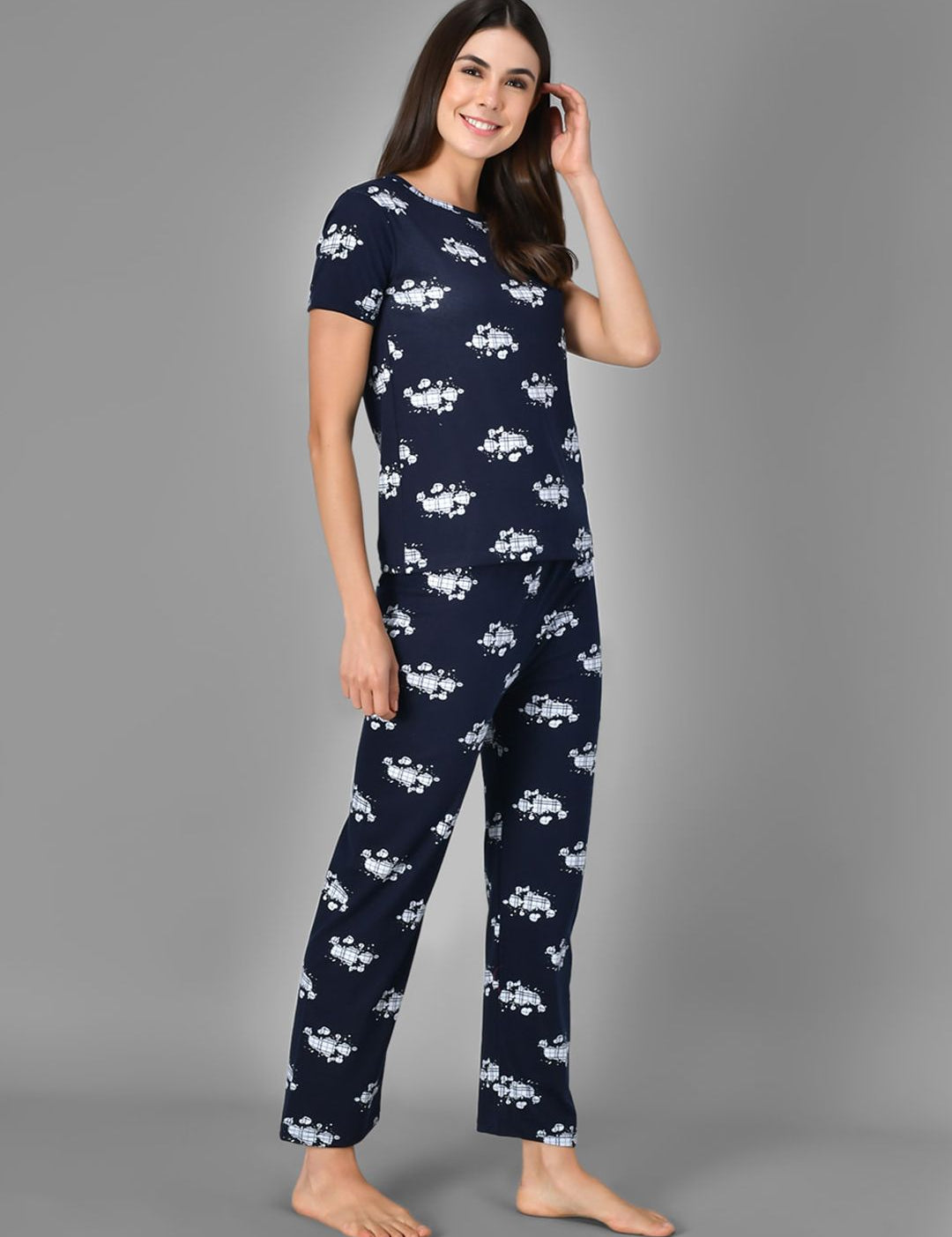 Kotty Women Blue & White Printed Night Suit