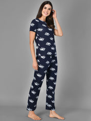 Kotty Women Blue & White Printed Night Suit