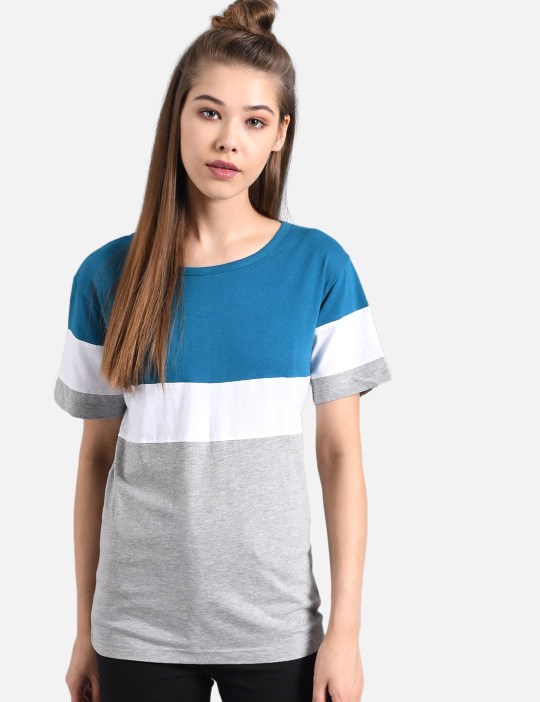 Kotty Women Blue Colourblocked Round Neck T-shirt