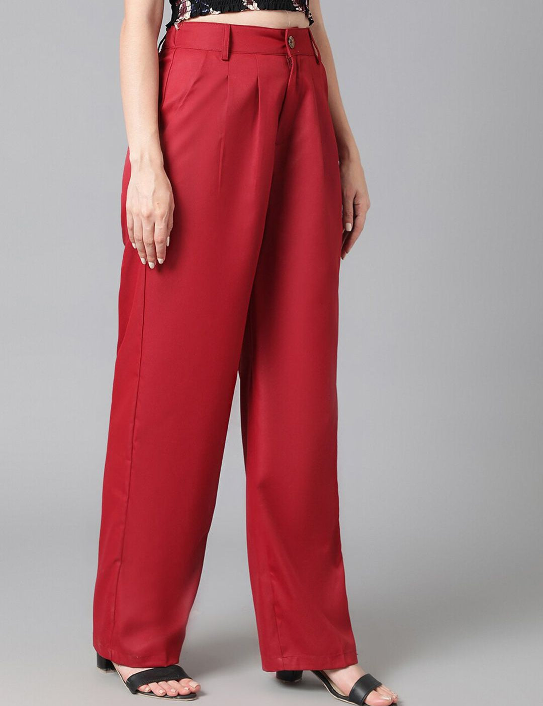 Kotty Women Maroon Relaxed Straight Leg High-Rise Easy Wash Pleated Parallel Trousers