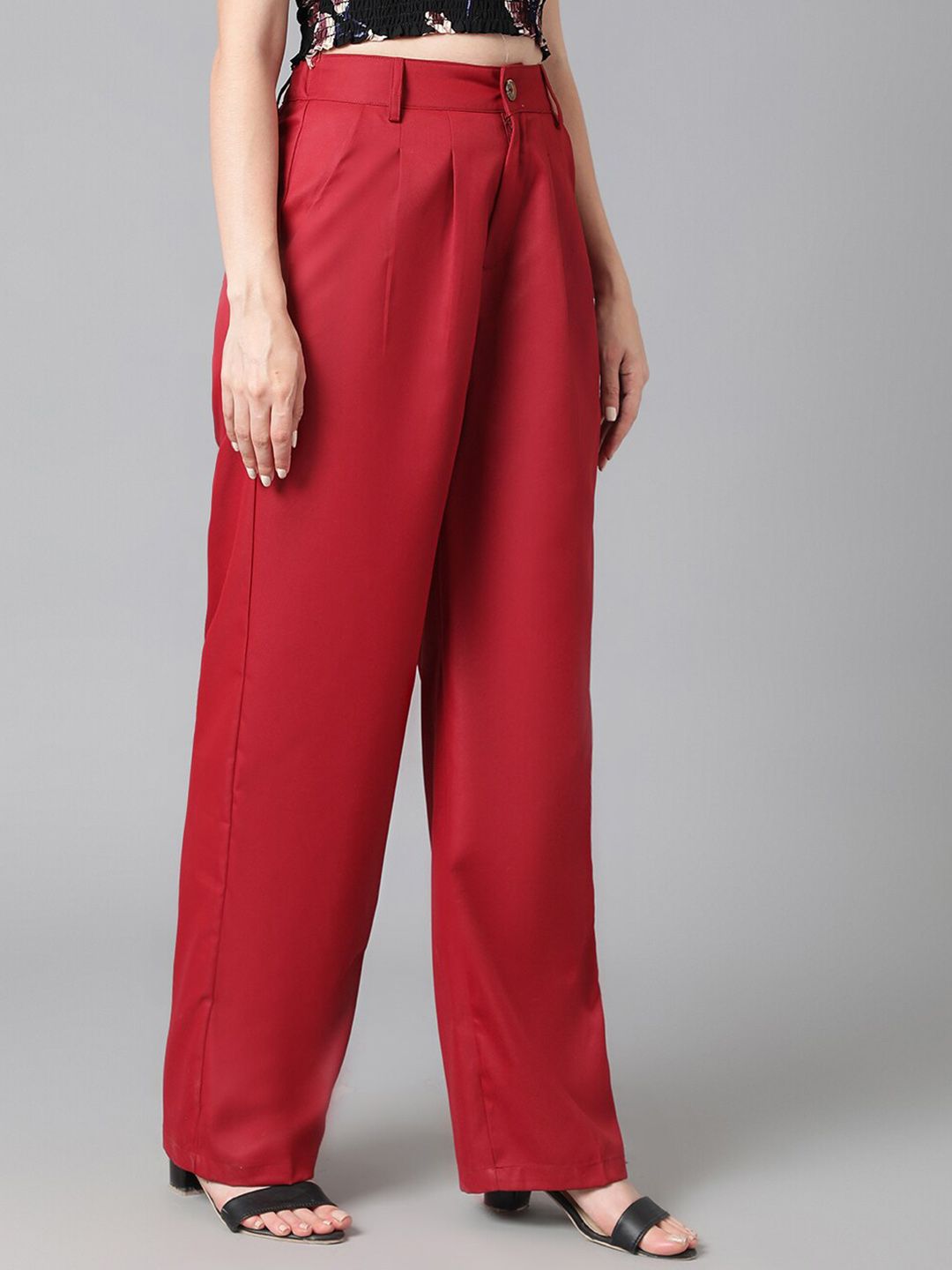 Kotty Women Maroon Relaxed Straight Leg High-Rise Easy Wash Pleated Parallel Trousers