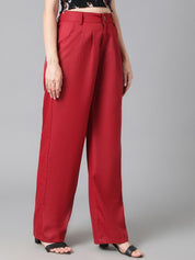 Kotty Women Maroon Relaxed Straight Leg High-Rise Easy Wash Pleated Parallel Trousers