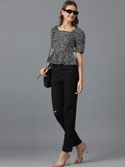 Kotty Black Floral Printed Puff Sleeve Crepe Peplum Top
