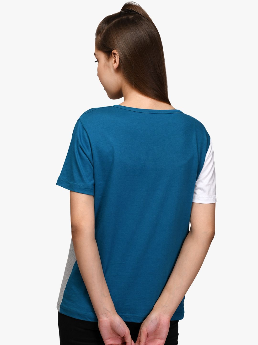 Kotty Women Blue & Grey Colourblocked Round Neck T-shirt
