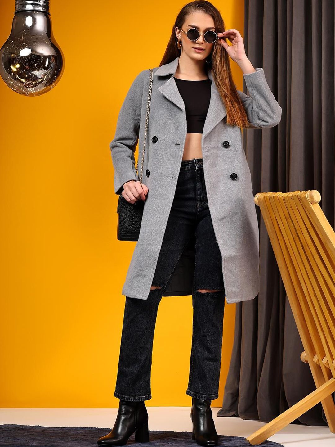 Kotty Women Solid Notched Lapel Single-Breasted Overcoat