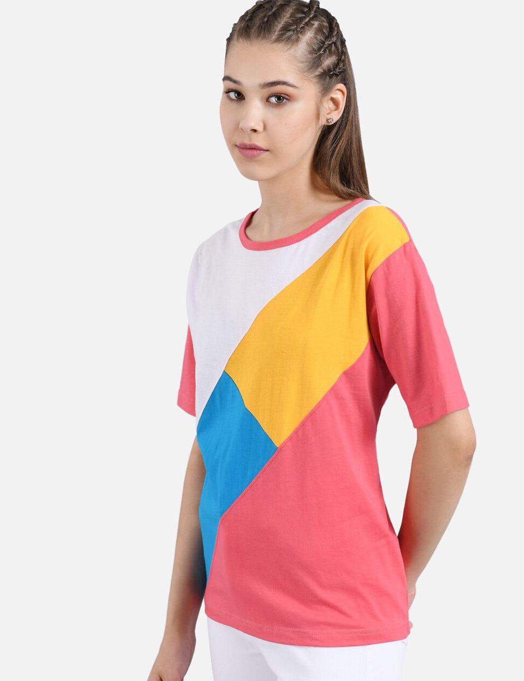 Kotty Women White & Pink Colourblocked Round Neck T-shirt